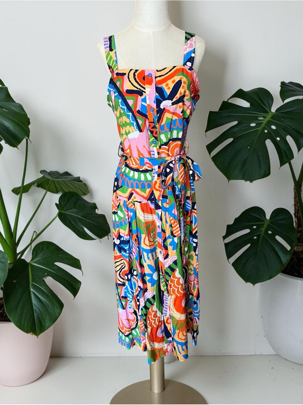 Colorful Abstract Print Maxi Dress with Tie Waist